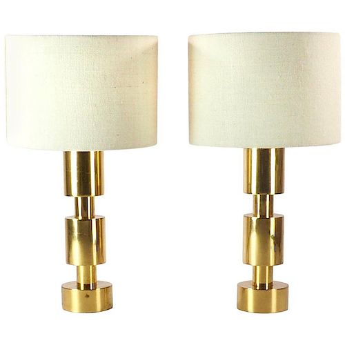 Two Italian Modernist Gilt Cylindrical Metal Table Lamps