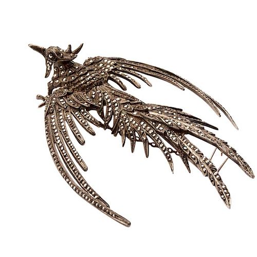 Antique Marcasite Sterling Silver Pheonix Brooch