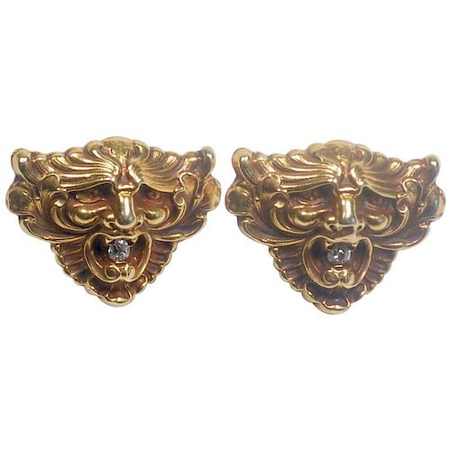 Art Nouveau 14 Karat Gold and Diamond Grotesque Mask Cuff Links