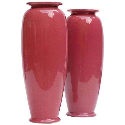 Pair of Rose Glazed Christopher Dresser Vases by Ault Pottery, 1890s