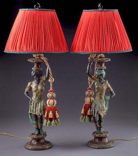 Pr. Kupur patinated & polychrome carved lamps,