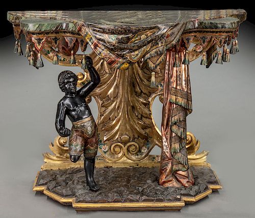Elaborate Venetian carved polychrome wood console