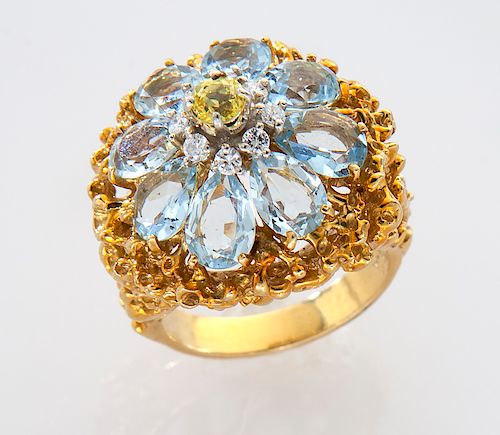 18K gold, diamond, aquamarine and sapphire ring