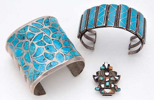 3 Pcs. Zuni Indian mosaic silver and turquoise