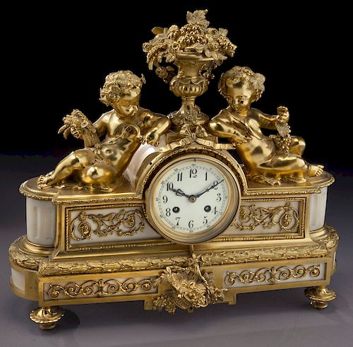 French gilt bronze and marble mantle clock,