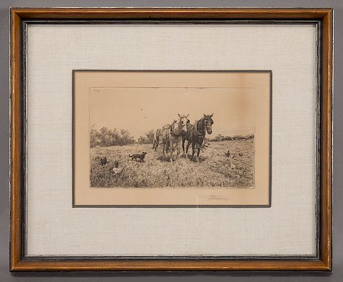 Peter Moran "Untitled (Horses in field)" etching.