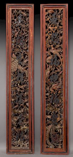 Pr. Chinese antique carved wood couplets,
