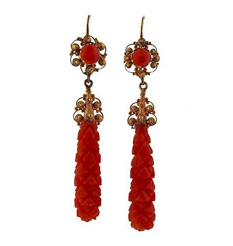 18K Gold Carved Coral  Drop Earrings 