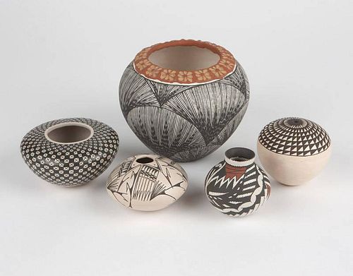 A group of five Acoma & Mata Ortiz pottery vessels