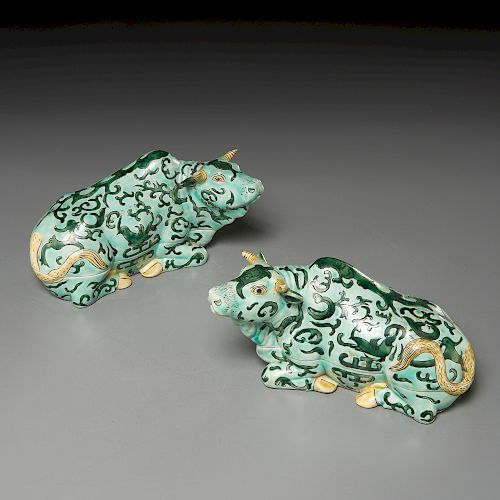 Pair Chinese Export famille verte buffalo boxes