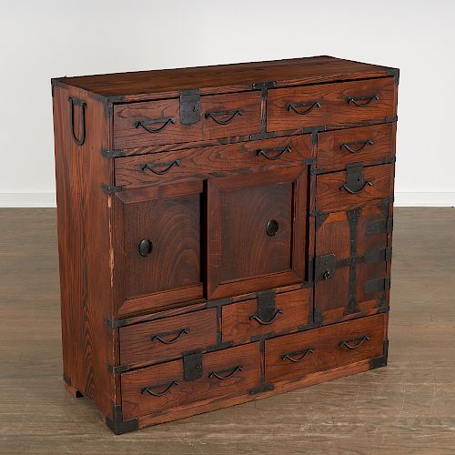 Japanese wood and wrought iron Tansu chest