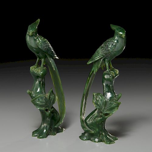 Pair Chinese spinach jade phoenix birds