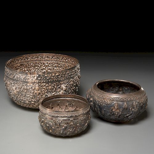 (3) Burmese/Thai silver offering bowls