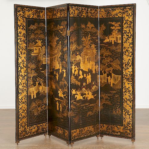 Nice Chinese Export gilt lacquer 4-panel screen