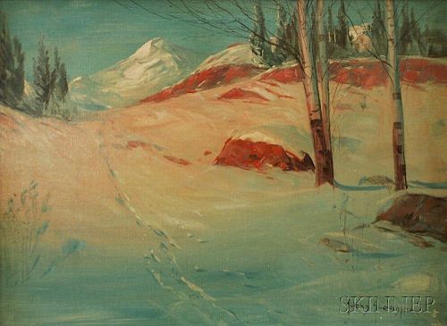 Svend Rasmussen Svendsen (Norwegian/American, 1864-1945)      Snowscape with House and Mountains.