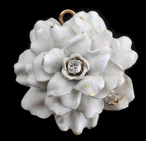 White Enamel and Diamond Camellia Pendant-Brooch