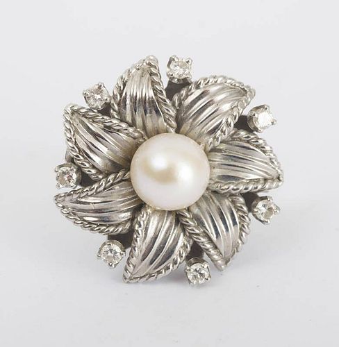 14k White Gold, Cultured Pearl and Diamond Flower Ring