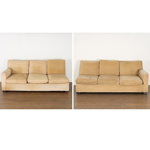 Pair Mid Century Dunbar style open-arm sofas