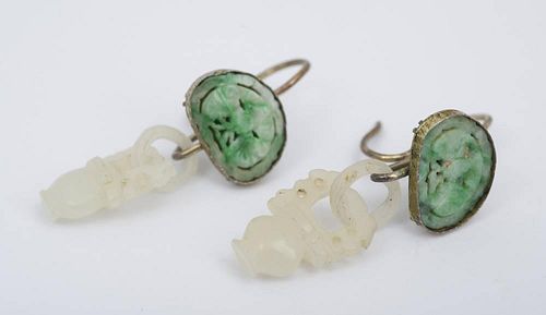 Pair of Chinese Carved Mutton Fat and Green Jadeite Earrings