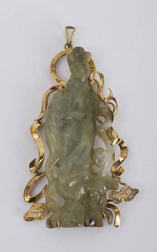 Chinese 14k Yellow Gold and Carved Jade Pendant