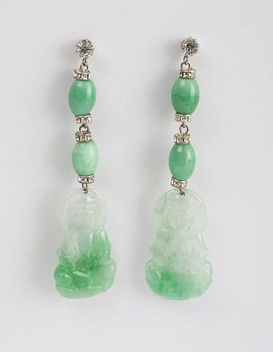 Pair of Carved Green Stone Earrings