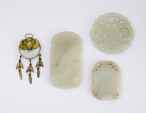 Three Chinese Carved Pale Green Jade Pendants and a Carved Chinese Jadeite Pendant
