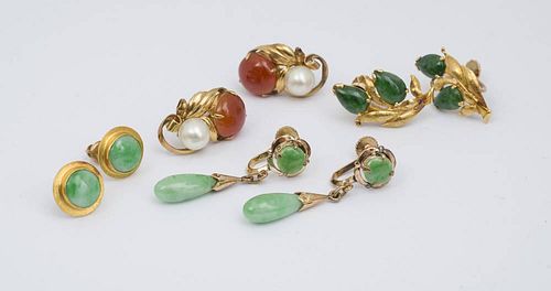 Three Pairs of 14k Gold and Jade Earrings and a Pair of 14k Brown Jade and Pearl Earrings