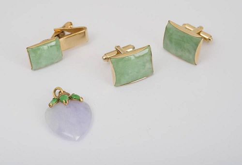 Yellow Metal and Jade Cufflinks and Tie Clip together with A Lavender Jade and Green Jade Heart Pendant with 14k Gold Mounting