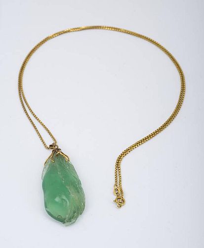 Chinese Carved Emerald Pendant on 18k Yellow Gold Chain