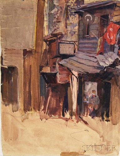 Carl Fahringer (Austrian, 1874-1952)      Street View, Probably Turkey, with a Seated Soldier.