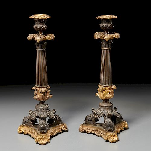 Pair French Restauration bronze candlesticks