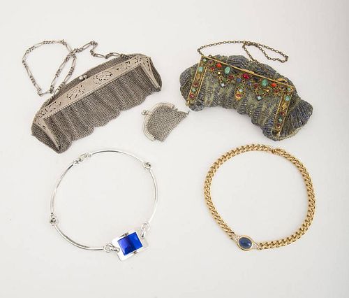 Beaded and Hardstone Purse, an English Silver Engraved Mesh Purse and a Miniature Silvered-Metal Mesh Purse