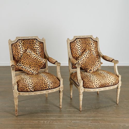 Pair Louis XVI style painted wood fauteuils