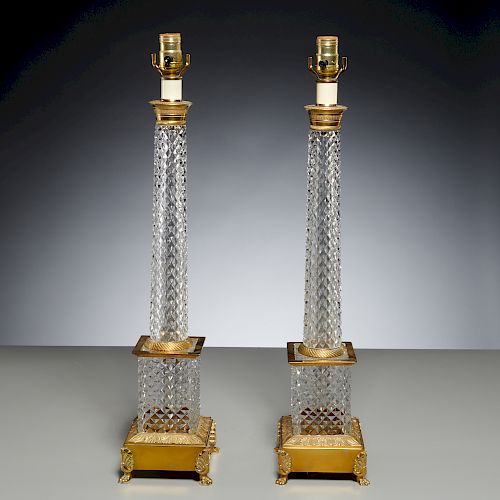 Pair Empire style cut glass column lamps