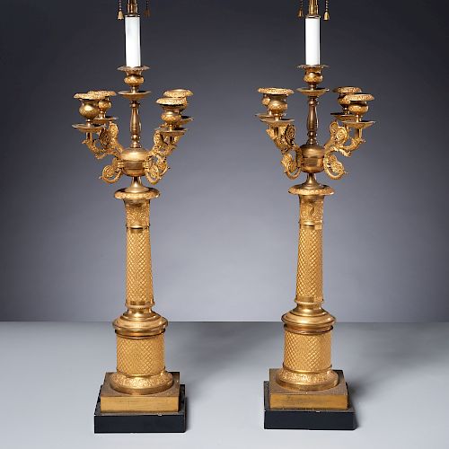 Pair Charles X gilt bronze candelabra lamps