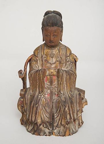 Chinese Carved Parcel-Gilt Hardwood Seated Figure on Separate Chair