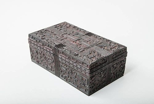 Chinese Relief-Carved Hardwood Box and Cover