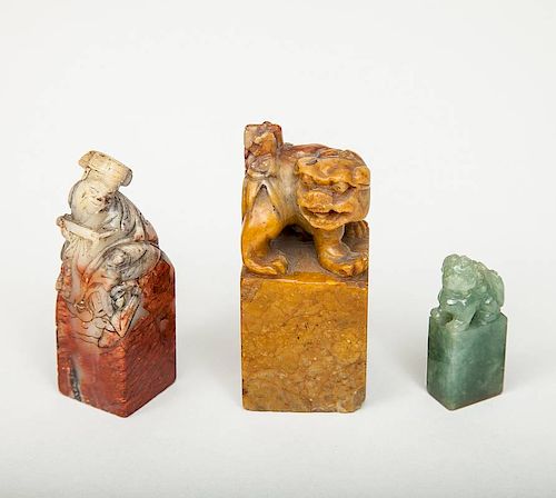Chinese Carved Green Jade Chop and Two Hardstone Chops