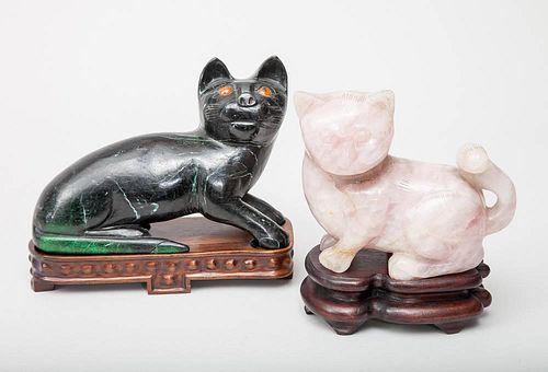 Chinese Carved Rose Quartz Figure of a Seated Cat and a Veined Black-to-Green Hardstone Figure of a Cat