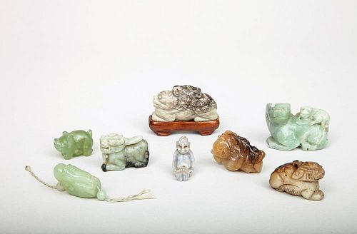 Six Chinese Carved Hardstone Animals and a Figure of Shoulao and a Seated Child