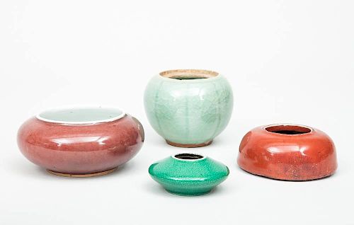 Chinese Flamb‚-Glazed Porcelain Ink Pot, a Peach Bloom Pot, a Celadon Pot and a Small Green-Glazed Vase
