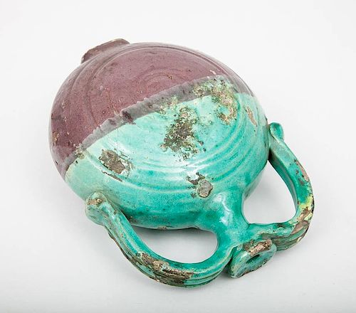 Chinese Turquoise and Aubergine Glazed Pottery Two-Handled Moon Flask