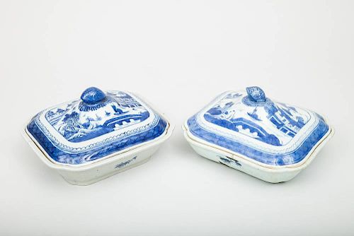 Two Canton Blue and White Willow Pattern Vegetable Dishes and Covers and a Pair of Canton Leaf-Form Dishes