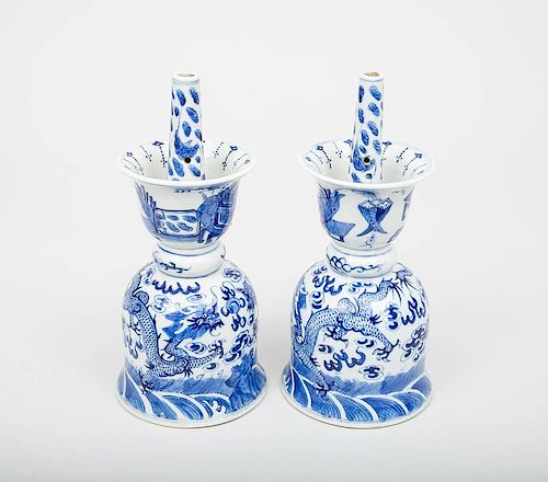Pair of Chinese Blue and White Porcelain Double Bell-Form Candlesticks