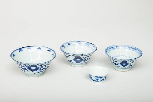 Four Chinese Blue and White Porcelain Tea Bowls