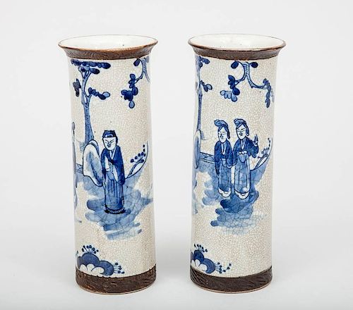 Pair of Chinese Blue and White Crackle-Glazed Porcelain Cylindrical Vases