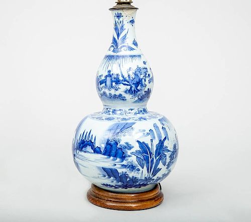 Chinese Blue and White Double Gourd-Form Vase, Mounted as a Lamp