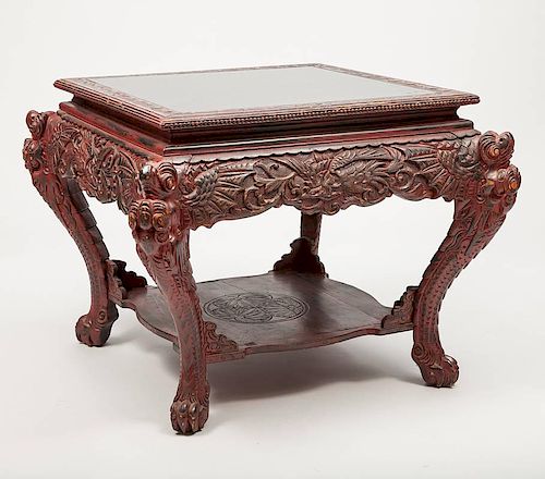 Chinese Style Red Lacquer Hardstone-Inset Console Table