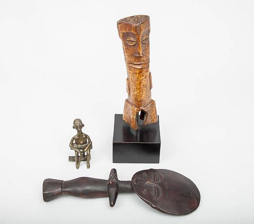 Ashanti Carved Wood Female Fetish Figure, a Brass Figure of a Man Seated on a Stool, and a Bone Figure