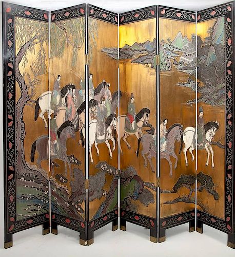 Chinese Carved and Lacquered Six-Panel Screen, Modern